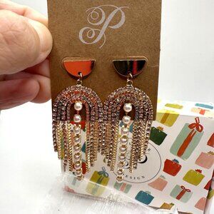 Plunder Design Snowfall Earrings Gold Dangling Rhinestone Pearl Post Rainbow NIB